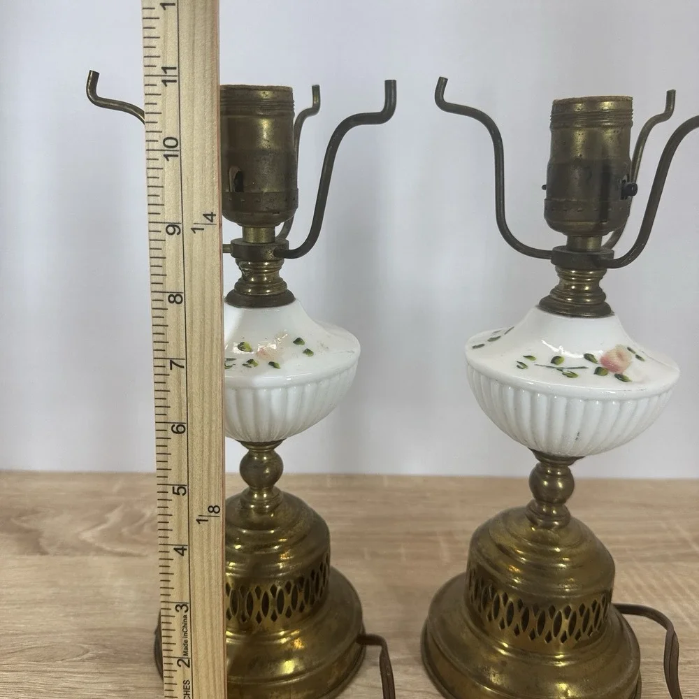 Vintage Pair Porcelain Floral Brass Table Lamps Boudoir Vanity Parts Repair
